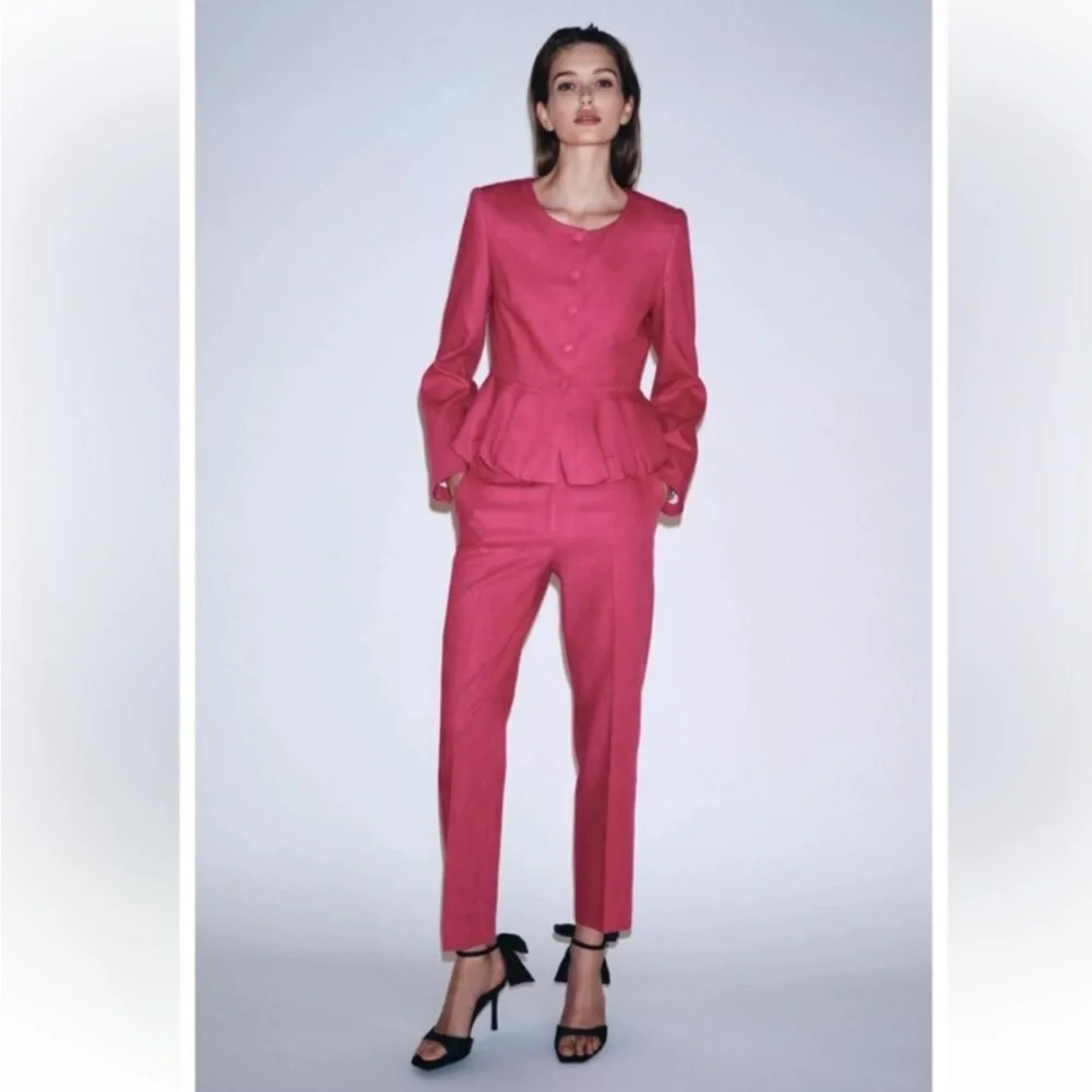 NWT Zara Linen Blend Slim Straight Pants in Fuchsia Pink Size S
